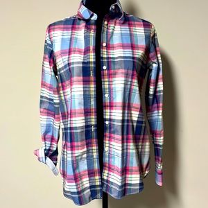 Chaps medium no iron button down long sleeve shirt pink & blue spring plaid cute